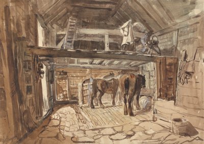 Interiør i en stall, med slepehester fôring av William Burgess