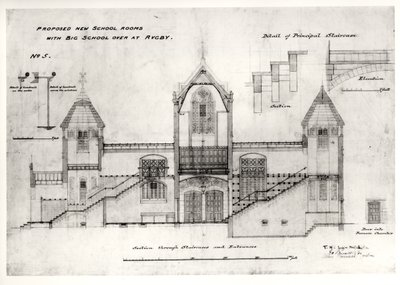 Detaljer om innganger, trapper, døråpning og rekkverk til ovnskammeret, (New Big School), Rugby School, 1844 (svart blekk, blyant og wc) av William Butterfield