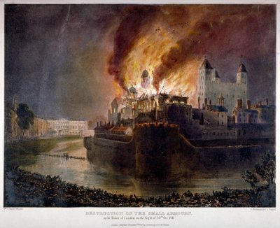 Ødeleggelse av våpenlageret i Tower of London ved brann, 30. oktober 1841 av William C Smith