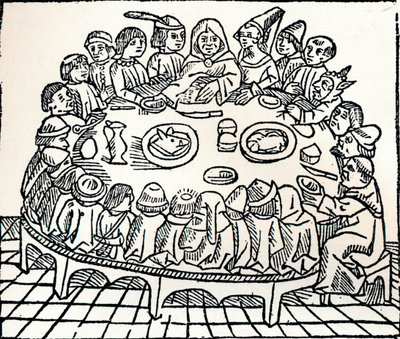 Canterbury-pilegrimene setter seg ned for et felles måltid, 1485 av William Caxton