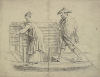 Kinesisk scene. Mann og kvinne på en elvebåt av William Chambers