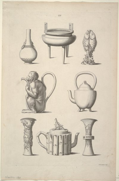 Design for servise, plate XV med design av kinesiske bygninger, møbler, kjoler, maskiner og redskaper. av William Chambers