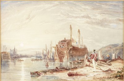 Hulk i Falmouth Harbor (akvarell (forhøyet med hvit) på papir) av Clarkson Frederick Stanfield