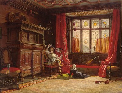 En kavaler i et mørklagt indre, en fugl på sverdet, 1843 av William Collingwood
