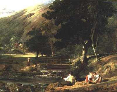 Borrowdale, Cumberland, med barn som leker ved en strøm av William Collins