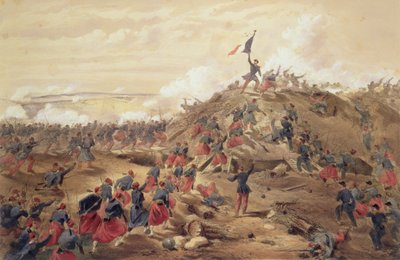 The Attack on the Malakoff, tallerken fra "The Seat of War in the East", pub. av Paul und Dominic Colnaghi und Co., 1856 av William Crimea Simpson