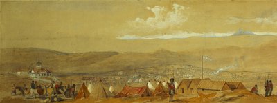 Krim: Panoramautsikt over Sebastopol som viser de militære leirene og havnen; og en panoramautsikt over Inkerman som viser et militærleir og kavaleri ved daggry, av William Crimea Simpson