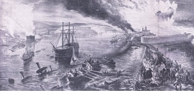 Sevastopols fall og russernes retrett, 8. september 1855, illustrasjon fra British Battles on Land and Sea, 1915 av William Crimea Simpson
