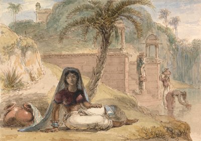 Indisk jente sitter ved en elv av William Daniell