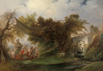 Indisk landskap med figurer nær en bekk (olje på lerret) av William Daniell