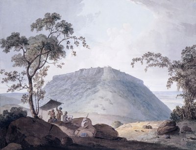 Sørøstutsikten over Bijaigarh, Uttar Pradesh, ca. 1790 av William Daniell