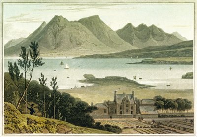 Vestutsikt fra Raasay Island (Skottland), med beskrivelse av en stor bygning og tilstøtende hager. Fargeritsing av William Daniell (1769–1837). av William Daniell