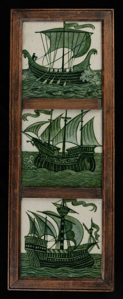 Flispanel av skip i fullt seil, i ramme, ca. 1865-80 (keramikk) av William de Morgan