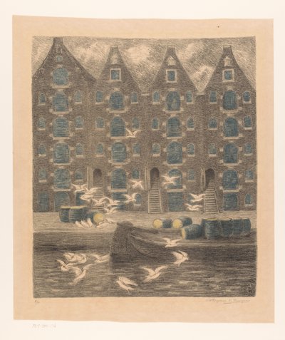 Varehus på Brouwersgracht i Amsterdam av William Degouve de Nuncques (signed by artist)