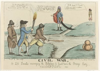 Engelsk tegneserie av den nederlandske borgerstriden, 1787 Borgerkrig, eller Lord Lunatic som oppmuntrer hollanderne til å slå ned Orange Party (tittel på objekt) av William Dent