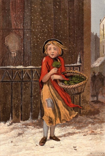 Stakkars jente som selger brønnkarse på en snødekt gate (chromolitho) av William Dickes