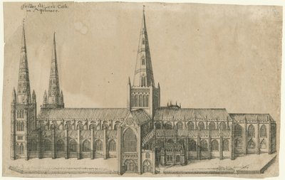 Lichfield Cathedral - South View: kobberplategravering, nd [?midten av 1600-tallet] av William Dugdale