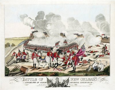 Slaget ved New Orleans og generalmajor Packenhams død den 8. januar 1815, pub. 1815 (farget gravering) av William Edward (after) West