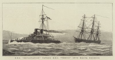 HMS Devastation sleper HMS Thetis inn i Malta havn av William Edward Atkins