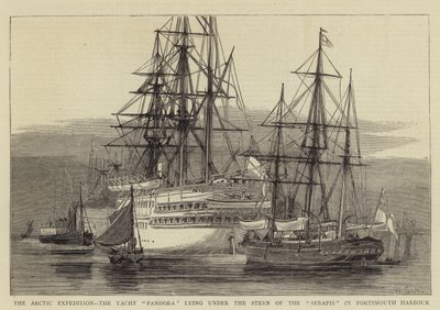 Den arktiske ekspedisjonen, Yacht Pandora som ligger under akterenden av Serapis i Portsmouth havn av William Edward Atkins