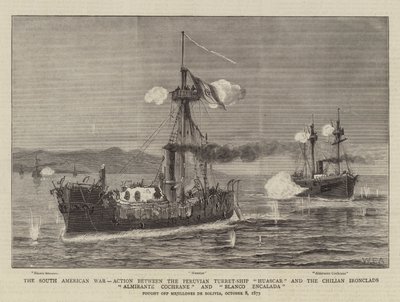 Den søramerikanske krigen, handling mellom det peruanske turret-skipet Huascar og de chilenske jernkledde Almirante Cochrane og Blanco Encalada av William Edward Atkins