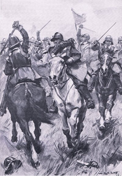 Kavalerikonflikten ved Dunbar 3. september 1650, illustrasjon fra British Battles on Land and Sea, 1915 av William Edward Stott
