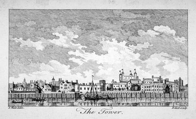 Sørutsikt over Tower of London med båter på Themsen, 1761 av William Elliot