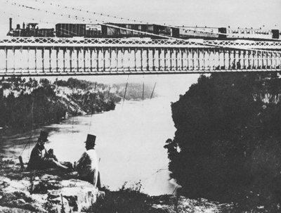 Første jernbanebro over Niagara (s/hv-bilde) av William England