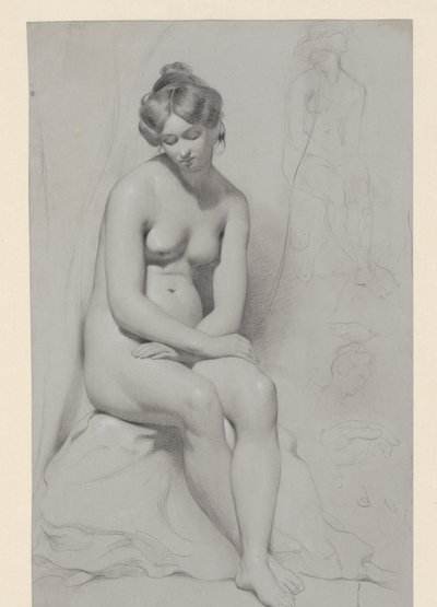 Sittende naken kvinnelig modell med høy hårklipp, skissert igjen ved siden av av William Etty