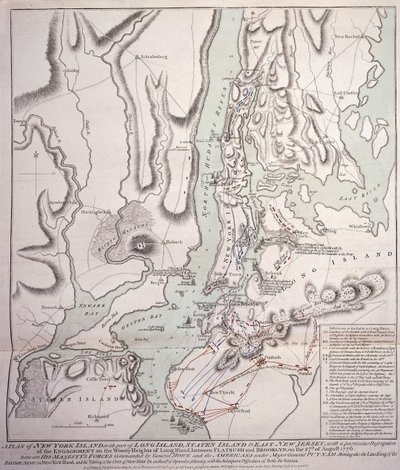 Plan for New York Island med deler av Long Island, Staten Island og East New Jersey og engasjementet på Woody Heights of Long Island mellom de britiske styrkene, under kommando av general Sir William Howe av William Faden
