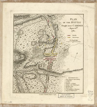 Plan for slaget utkjempet nær Camden, 16. august av William Faden