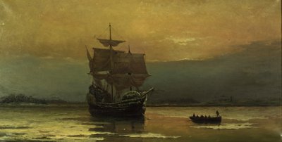 Mayflower ved hennes ankomst til Plymouth Harbor, 1882. av William Formby Halsall