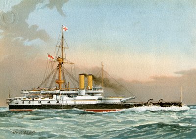 HMS Victoria, Royal Navy 1. klasse slagskip, c1890-c1893. av William Frederick Mitchell