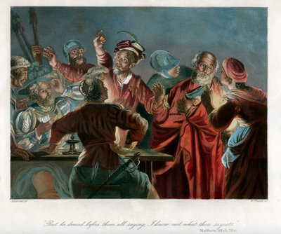 'Men han nektet for dem alle og sa: Jeg vet ikke hva du sier', c1850. av William French