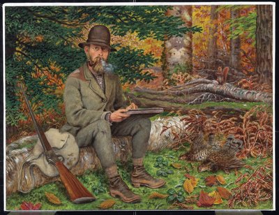 Selvportrett i jaktutstyr, ca. 1875 (olje og grafitt på papir på laminert fiberplate) av William George Richardson Hind