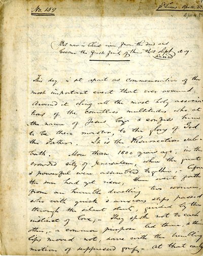 Manuskript for preken nr. 159 av William Greenleaf Eliot, 15. april 1838 av William Greenleaf Eliot