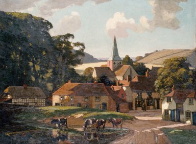 Harting landsby og damm (olje på lerret) av William Gunning King