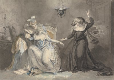 En dramatisk scene med tre kvinner i et interiør av William Hamilton