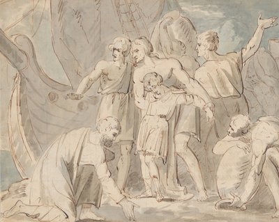 Historisk emne med menn og en gutt nær et skip rekto..., 1770-80. av William Hamilton