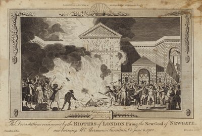 Ødeleggelsene forårsaket av at opprørerne i London avfyrte den nye fengselet i Newgate av William Hamilton