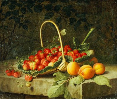 En kurv med jordbær med fersken på en steinhylle, 1856 av William Hammer