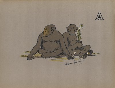 Bokstav A, Estetiske antropoide aper som inntar unormalt apatiske holdninger (farge litho) av William Hammond