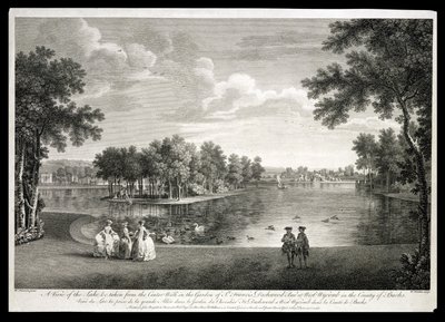Utsikt over innsjøen fra Centre Walk i hagen ved West Wycombe, Buckinghamshire, gravert av William Woollett (1735-85) av William Hannan