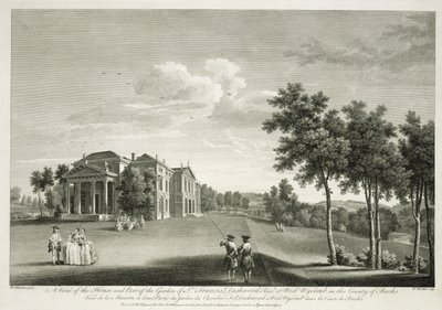 Utsikt over huset og en del av hagen i West Wycombe, Buckinghamshire, gravert av William Woollett (1735-85) av William Hannan