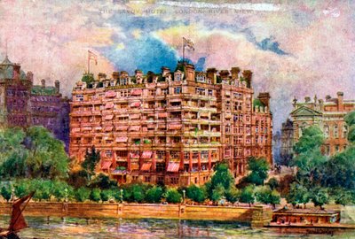 Savoy Hotel sett fra Themsen, London, 1905. av William Harold Oakley