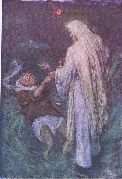 Kristus går på havet, fra The Bible Story utgitt av Hodder & Stoughton, ca.1930 av William Hatherell