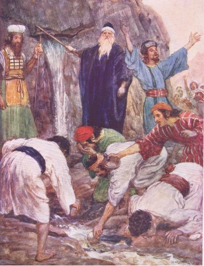 Moses slår klippen, fra The Bible Story utgitt av Hodder & Stoughton, ca. 1930 av William Hatherell