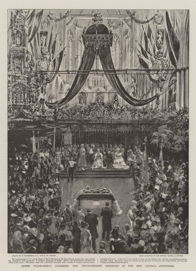 Dronning Wilhelminas tiltredelse, tronfølgeseremonien i den nye kirken, Amsterdam av William Hatherell