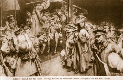 Scener av gripende glede og patos spilt opp på de store jernbanestasjonene i London, 1914-19 av William Hatherell