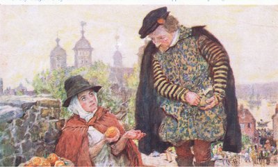 Shakespeare kjøper en appelsin fra en kvinne på Tower Hill, fra My Magazine, pub.1922 av William Hatherell